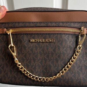 Michael Kors Brown Logo-Print Crossbody with Gold Chain